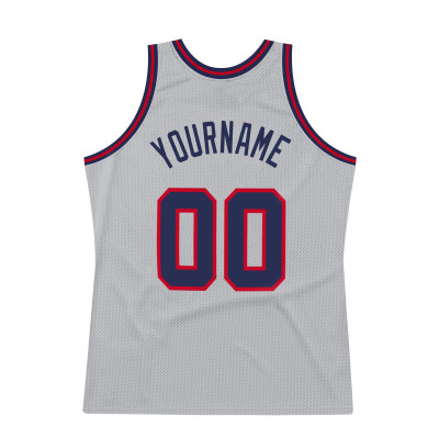 Custom Gray Navy-Red Authentic Throwback Basketball Jersey