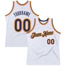 Custom White Navy-Orange Authentic Throwback Basketball Jersey