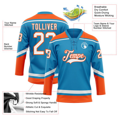 Custom Panther Blue White-Orange Hockey Lace Neck Jersey