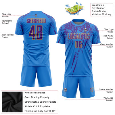 Custom Electric Blue Purple-Old Gold Sublimation Soccer Uniform Jersey