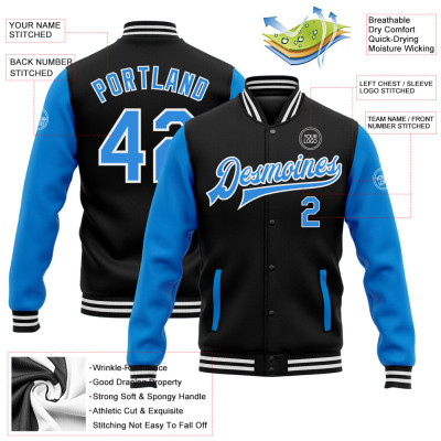 Custom Black Electric Blue-White Bomber Full-Snap Varsity Letterman Two Tone Jacket