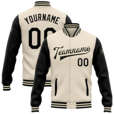 Custom Cream Black Bomber Full-Snap Varsity Letterman Two Tone Jacket