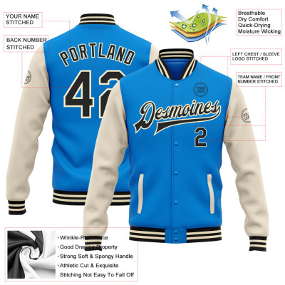 Custom Electric Blue Black-Cream Bomber Full-Snap Varsity Letterman Two Tone Jacket