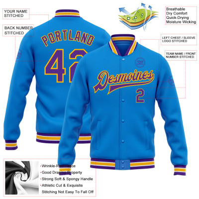 Custom Electric Blue Purple-Gold Bomber Full-Snap Varsity Letterman Jacket