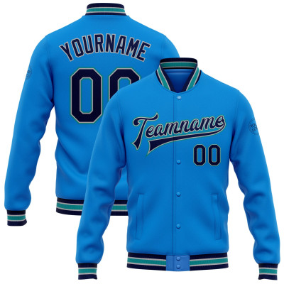Custom Electric Blue Navy Gray-Teal Bomber Full-Snap Varsity Letterman Jacket
