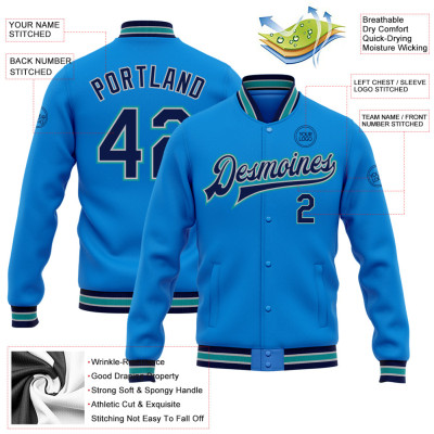 Custom Electric Blue Navy Gray-Teal Bomber Full-Snap Varsity Letterman Jacket