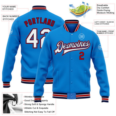 Custom Electric Blue White Navy-Red Bomber Full-Snap Varsity Letterman Jacket