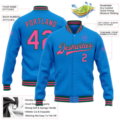 Custom Electric Blue Pink-Kelly Green Bomber Full-Snap Varsity Letterman Jacket