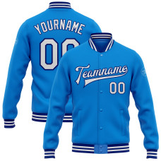 Custom Electric Blue White-Royal Bomber Full-Snap Varsity Letterman Jacket