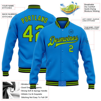 Custom Electric Blue Neon Green-Black Bomber Full-Snap Varsity Letterman Jacket
