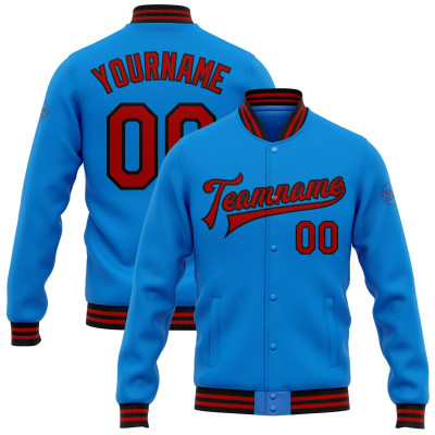 Custom Electric Blue Red-Black Bomber Full-Snap Varsity Letterman Jacket