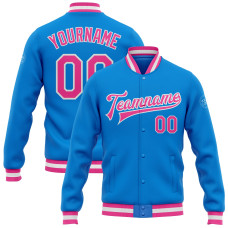 Custom Electric Blue Pink-White Bomber Full-Snap Varsity Letterman Jacket