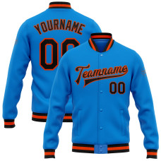Custom Electric Blue Black-Orange Bomber Full-Snap Varsity Letterman Jacket