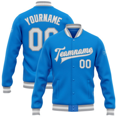 Custom Electric Blue White-Gray Bomber Full-Snap Varsity Letterman Jacket