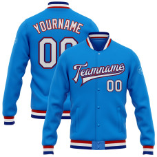 Custom Electric Blue White Royal-Red Bomber Full-Snap Varsity Letterman Jacket