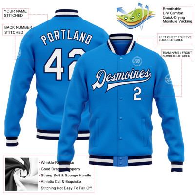 Custom Electric Blue White-Navy Bomber Full-Snap Varsity Letterman Jacket