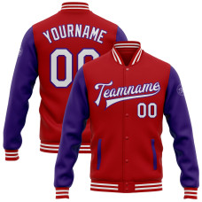 Custom Red White-Purple Bomber Full-Snap Varsity Letterman Two Tone Jacket