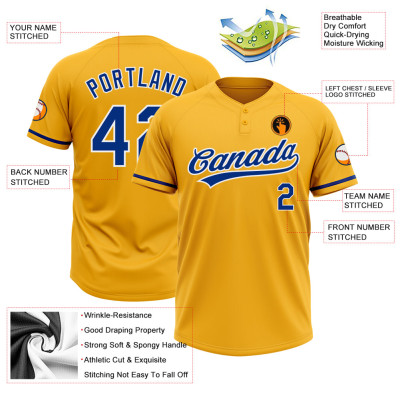 Custom Gold Royal-White Two-Button Unisex Softball Jersey