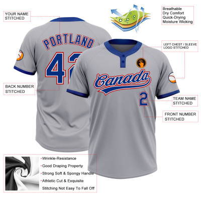 Custom Gray Royal-Red Two-Button Unisex Softball Jersey
