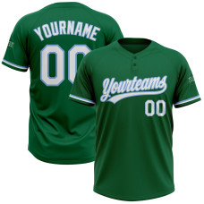 Custom Kelly Green White-Light Blue Two-Button Unisex Softball Jersey
