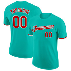 Custom Aqua Red-White Performance T-Shirt