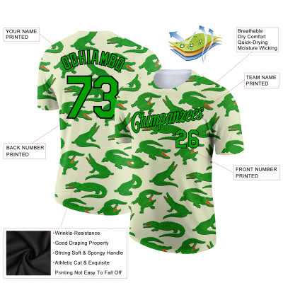 Custom Cream Aurora Green-Black 3D Pattern Design Crocodile Performance T-Shirt