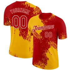 Custom Gold Red-White 3D Pattern Design Abstract Brush Stroke Performance T-Shirt