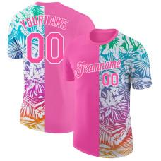 Custom Pink White 3D Pattern Design Tropical Palm Leaves Performance T-Shirt