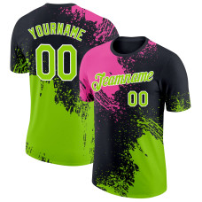 Custom Pink Neon Green-Black 3D Pattern Design Abstract Brush Stroke Performance T-Shirt