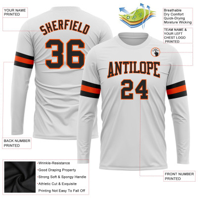 Custom White Black-Orange Long Sleeve Performance T-Shirt